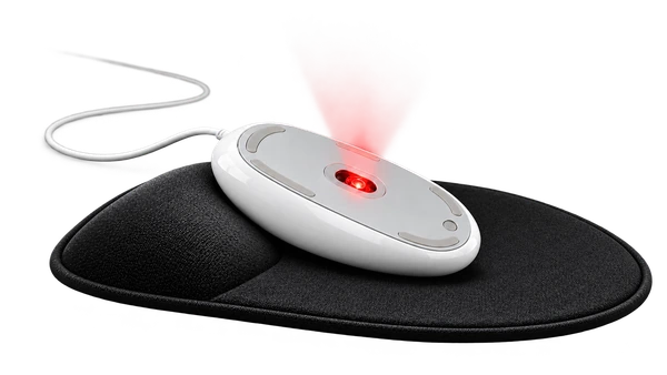 Un ratón de ordenador descansando boca abajo sobre un reposamuñecas de gel, con un sensor rojo que brilla intensamente.